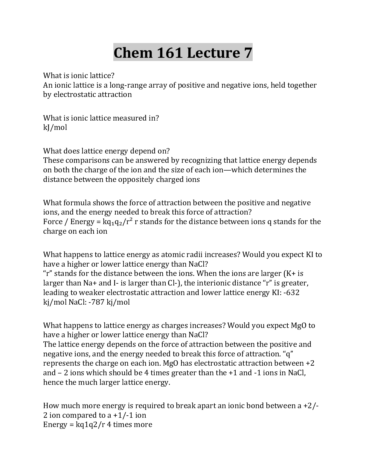 Preview image for Questions And Answers Chem 161 Lecture 7